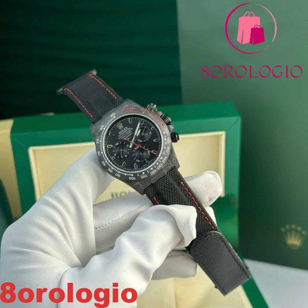 Replica Rolex Daytona DiW Carbon Quadrante Nero Cinturino con Cuciture Rosse Migliore Edizione Noob Factory 40mm Orologio