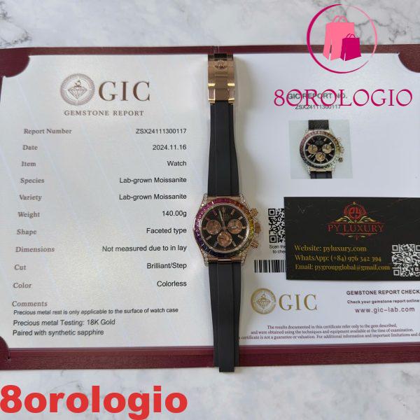 Rolex Daytona Rainbow 18K Oro Rosa Replica Custom Moissanite & Zaffiro Sintetico Cinturino in Gomma Super Clone 40mm Orologio