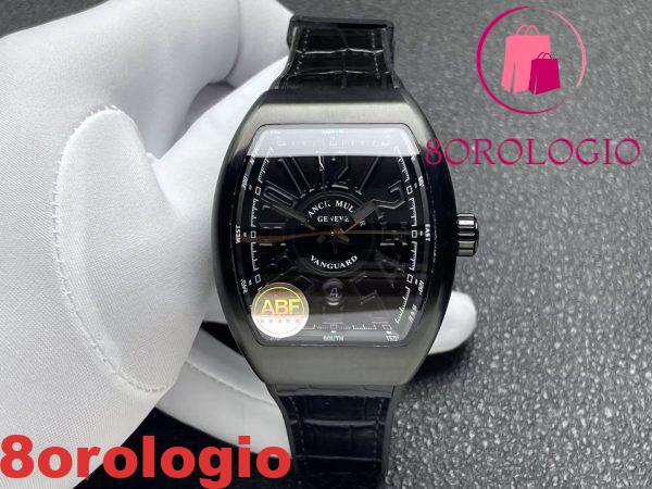 Franck Muller Vanguard V45 Black DLC Quadrante Nero Cinturino in Pelle 1:1 Replica Migliore Edizione ABF 45mm Orologio