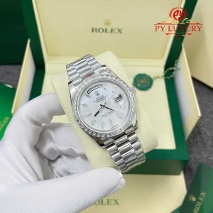 Rolex Day-Date 228396TBR Custom MOP Dial Baguette Moissanite Bezel GMF V3 Miglior Replica 40mm Orologio