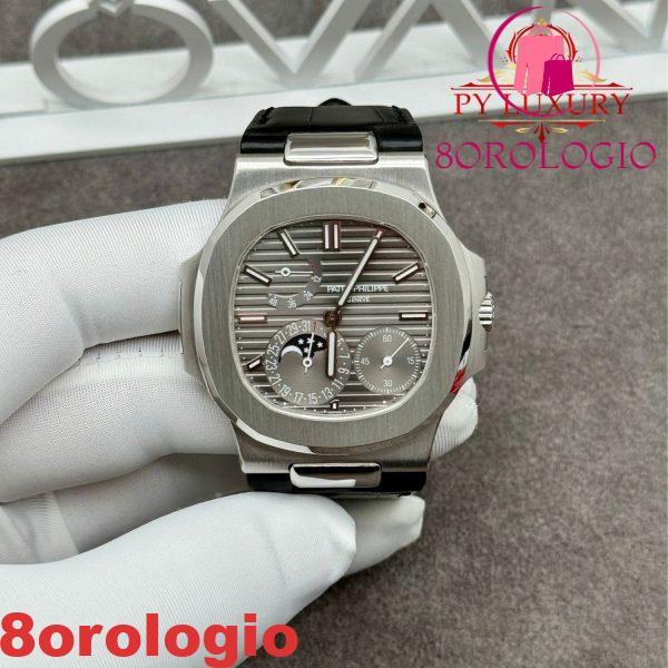 Patek Philippe Nautilus 5712G-001 Quadrante Grigio Replica 1:1 in Oro Bianco 18K Cinturino in Pelle di Coccodrillo 40mm Orologio - immagine 4