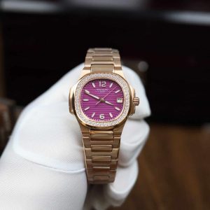 Patek Philippe Nautilus 7010/1R Oro Rosa Quadrante Viola Ghiera con Diamanti Replica GRF 32mm Orologio
