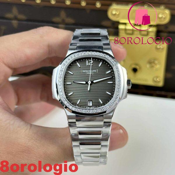 Patek Philippe Nautilus 7118/1200A-011 Replica Quadrante Grigio Lunetta con Diamanti Super Clone 35.2mm Orologio