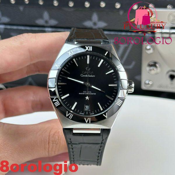 Omega Constellation Quadrante Nero Lunetta in Ceramica Nera Cinturino in Pelle Replica Migliore VSF 41mm Orologio