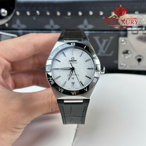 Omega Constellation Quadrante Grigio Rodio Lunetta in Ceramica Nera Cinturino in Pelle Replica VSF 41mm Orologio