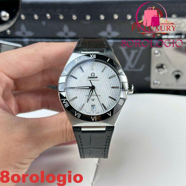 Omega Constellation Quadrante Grigio Rodio Lunetta in Ceramica Nera Cinturino in Pelle Replica VSF 41mm Orologio - immagine 4