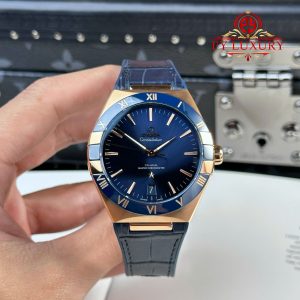 Omega Constellation Oro Rosa Quadrante Blu Lunetta in Ceramica Blu Cinturino in Pelle Replica VSF 41mm Orologio