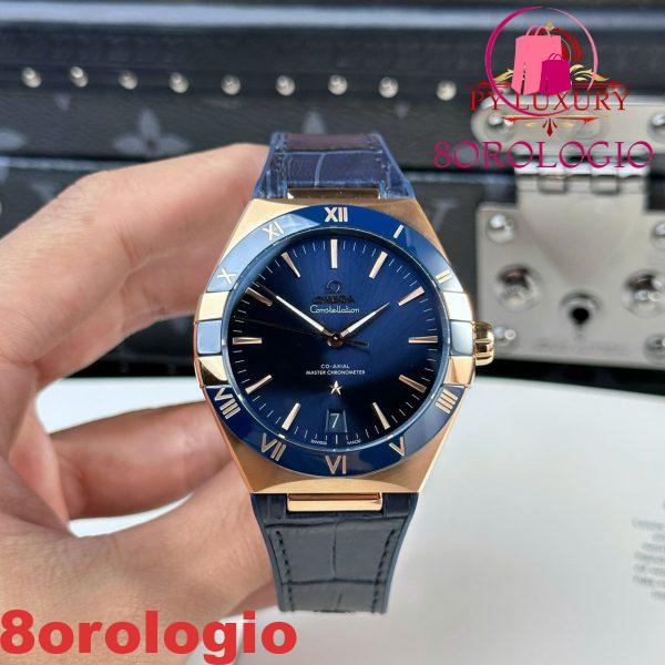 Omega Constellation Oro Rosa Quadrante Blu Lunetta in Ceramica Blu Cinturino in Pelle Replica VSF 41mm Orologio
