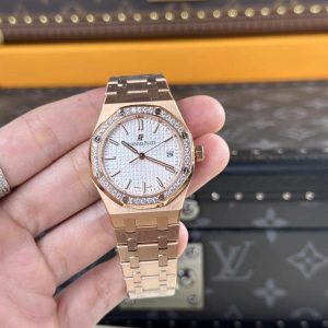Replica Audemars Piguet Royal Oak 77351OR Oro Rosa Quadrante Bianco Lunetta con Diamanti 34mm Orologio
