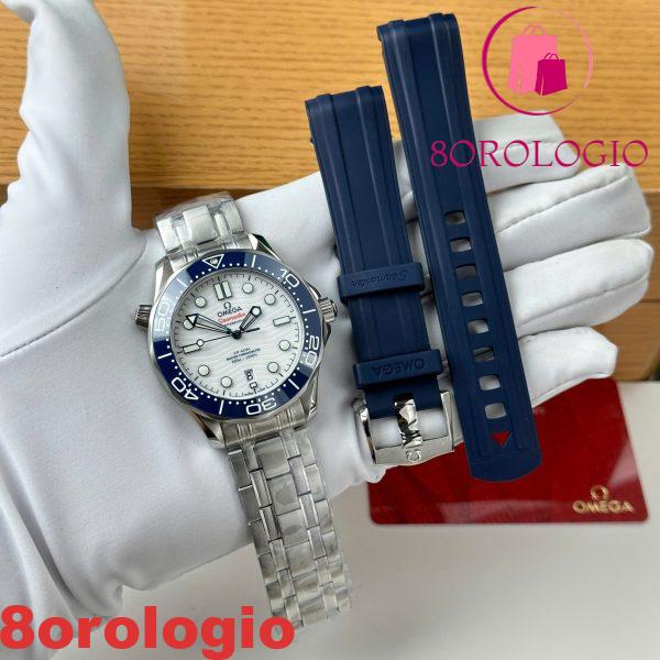 Omega Seamaster Diver 300M Tokyo 2020 Quadrante Bianco Replica con Ghiera in Ceramica Blu Clone 42mm Orologio - immagine 3