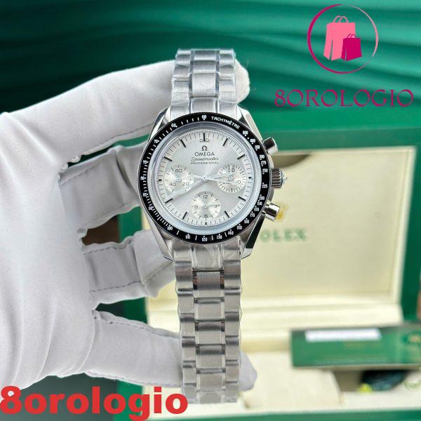 Omega Speedmaster Moonwatch Chronograph Quadrante Argento Lunetta Nera Replica 42mm Orologio