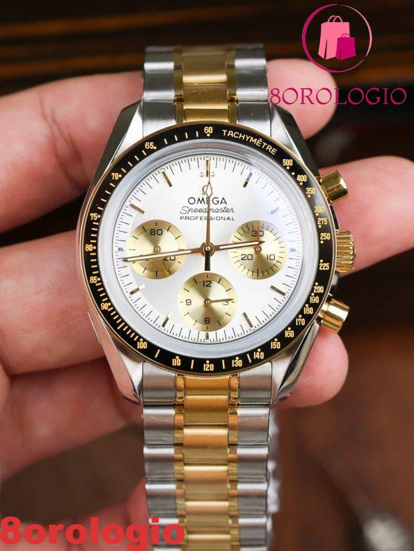 Omega Speedmaster Moonwatch Chronograph Bicolore Oro Giallo Quadrante Bianco Swiss Replica 42mm Orologio - immagine 3