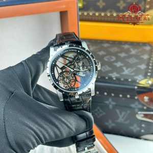 Roger Dubuis Excalibur Skeleton RDDBEX0393 Tourbillon Pelle Nera Migliore Replica BBR 42mm Orologio