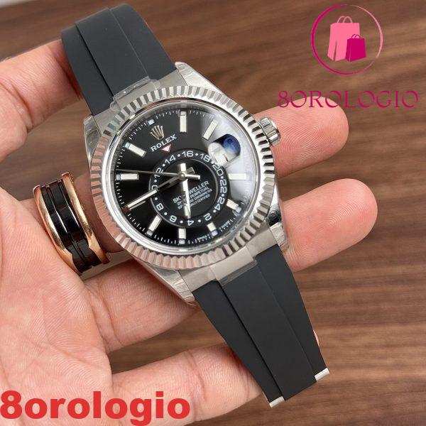 Replica migliore Rolex Sky-Dweller 326934 Quadrante nero Cinturino in gomma 42mm Orologio