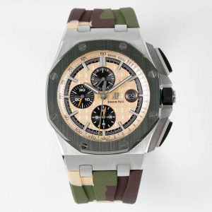 Audemars Piguet Royal Oak Offshore Chronograph 26400SO Quadrante Beige Ghiera in Ceramica Verde Cinturino in Gomma Migliore Replica APF 44mm Orologio