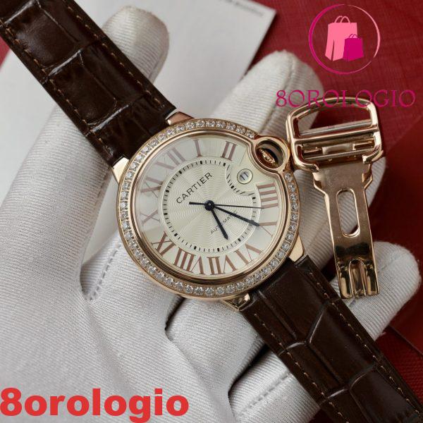 Cartier Ballon Bleu Oro Rosa Quadrante Bianco Ghiera di Diamanti Pelle Replica 42mm Orologio