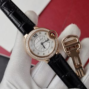 Cartier Ballon Bleu Oro Rosa Quadrante Bianco con Diamanti Ghiera con Diamanti Pelle Replica 36mm Orologio