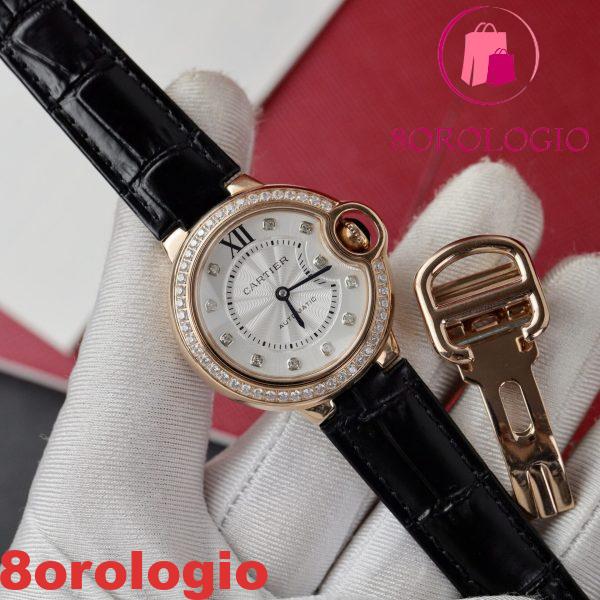 Cartier Ballon Bleu Oro Rosa Quadrante Bianco con Diamanti Ghiera con Diamanti Pelle Replica 36mm Orologio