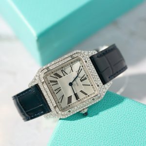 Cartier Santos Dumont Acciaio Quadrante Argento Cassa Personalizzata in Moissanite Cinturino in Pelle Replica BVF 38mm X 27.5mm Orologio