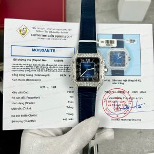 Cartier Santos Modello Grande Quadrante Blu Cassa Replica Moissanite Cinturino in Pelle 39.8mm Orologio