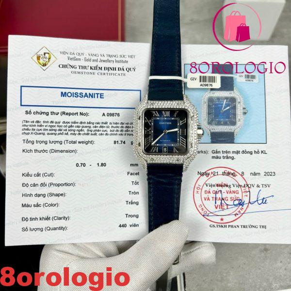 Cartier Santos Modello Grande Quadrante Blu Cassa Replica Moissanite Cinturino in Pelle 39.8mm Orologio