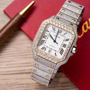 Cartier Santos Quadrante Bianco Bicolore Modello Grande replica con Moissanite Iced Out 39,8mm Orologio