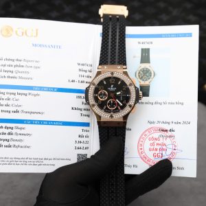 Hublot Big Bang Chronograph King Gold Quadrante Nero Replica Bezel Personalizzata in Moissanite 41mm Orologio