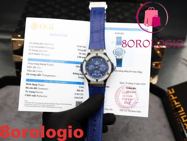 Hublot Big Bang Chronograph Acciaio Blu Custom Moissanite Bezel Replica 41mm Orologio - immagine 3