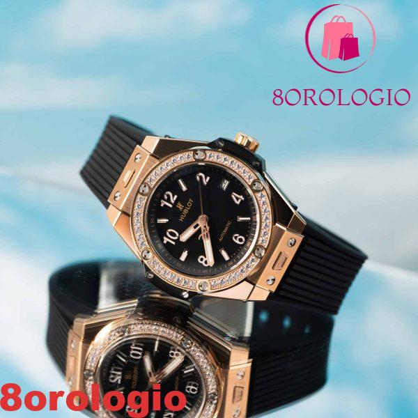 Replica Hublot Big Bang One Click King Gold Cassa 39mm Quadrante Nero Lunetta con Pietre CZ Orologio