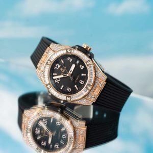 Hublot Big Bang One Click King Gold Black Pavé Baguette CZ Stone Bezel Replica 39 mm Orologio
