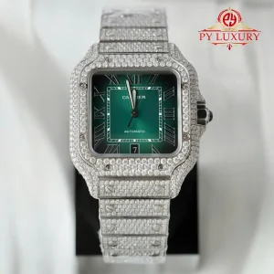Cartier Santos Modello Grande Quadrante Verde Romano Iced Out Moissanite Migliore Replica 39.8mm Orologio