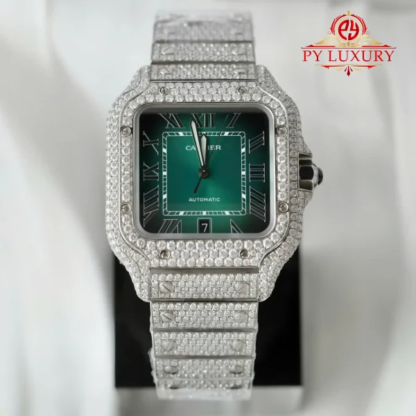 Cartier Santos Modello Grande Quadrante Verde Romano Iced Out Moissanite Migliore Replica 39.8mm Orologio