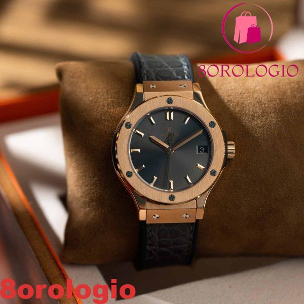 Replica Orologio da Donna Hublot Classic Fusion King Gold Quadrante Grigio Cinturino in Pelle 33mm Orologio