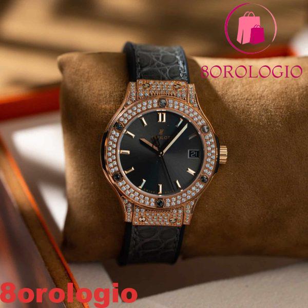 Replica Orologio da Donna Hublot Classic Fusion King Gold Pavé Pietre CZ Quadrante Grigio Cinturino in Pelle 33mm Orologio