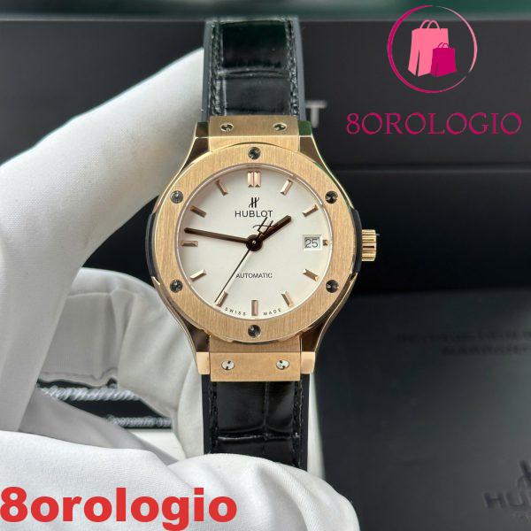 Replica Hublot Classic Fusion King Gold Quadrante Bianco Cinturino in Pelle Nera 38mm Orologio