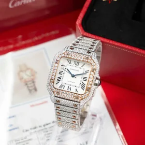Cartier Santos Modello Medio Due Toni Oro Rosa Iced Out Moissanite 1:1 Migliore Replica 35.1mm Orologio