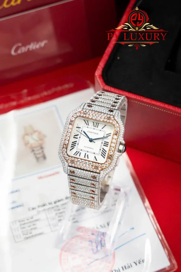 Cartier Santos Modello Medio Due Toni Oro Rosa Iced Out Moissanite 1:1 Migliore Replica 35.1mm Orologio - immagine 2