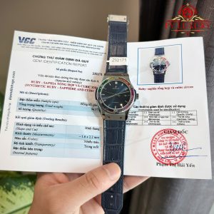 Hublot Classic Fusion Titanium Blue Cinturino in Pelle con Ghiera Personalizzata in Rubino e Zaffiro Migliore Replica 42mm Orologio