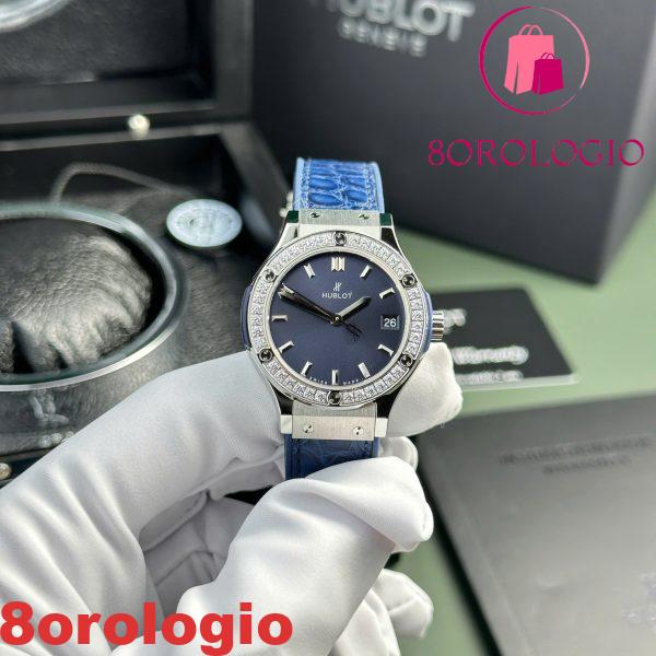 Hublot Classic Fusion Titanio Quadrante Blu CZ Pietre Ghiera Cinturino in Pelle Donna Replica 33mm Orologio