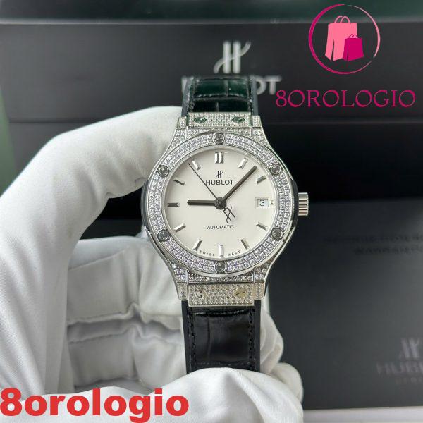 Replica Hublot Classic Fusion Titanium Diamanti Pavé Quadrante Bianco Cinturino in Pelle Nera 38mm Orologio