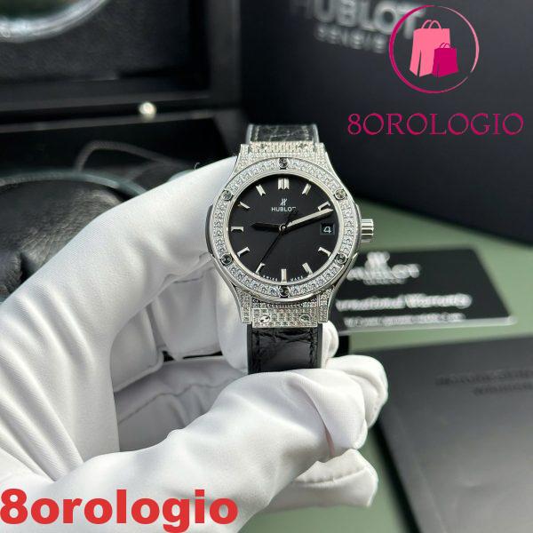 Replica Orologio Donna Hublot Classic Fusion Titanium Pavé Quadrante Nero Cinturino in Pelle 33mm Orologio