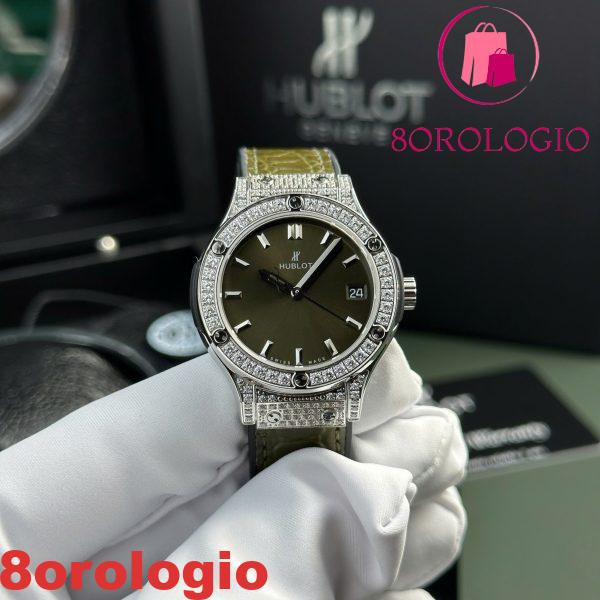 Hublot Classic Fusion Titanium Pavé Quadrante Verde Cinturino in Pelle Donna Replica 33mm Orologio