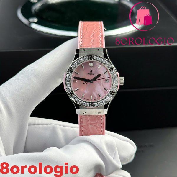 Hublot Classic Fusion Titanium Quadrante in Madreperla Rosa CZ Pietre Ghiera Cinturino in Pelle Donna Replica 33mm Orologio - immagine 2