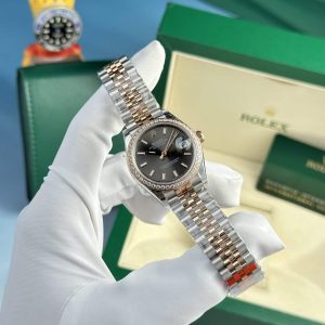 Replica Rolex Datejust 278381RBR-0018 Due Toni Oro Rosa Quadrante Ardesia Ghiera con Diamanti Bracciale Jubilee 31mm Orologio
