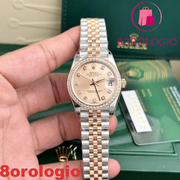 Replica Rolex Datejust 31mm Quadrante Rosa Lunetta con Pietre Cinturino Jubilee Orologio