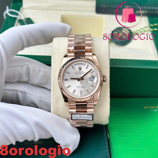 Replica di Rolex Day-Date 128235-0087 Quadrante Argento con Diamanti Oro Rosa 158g Migliore Qualità QF 36mm Orologio
