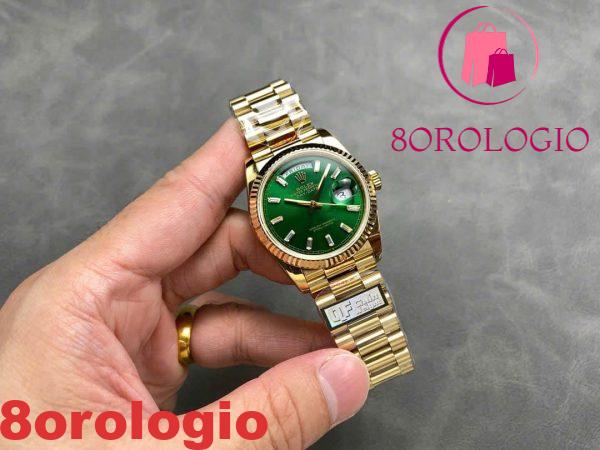 Replica Rolex Day-Date 128238-0130 Oro Giallo Quadrante Verde Brillante con Diamanti 158g Super Clone QF 36mm Orologio