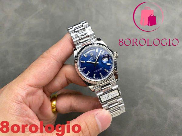 Replica Rolex Day-Date 128239-0069 Oro Bianco Quadrante Blu Brillante con Diamanti 158g Migliore QF 36mm Orologio
