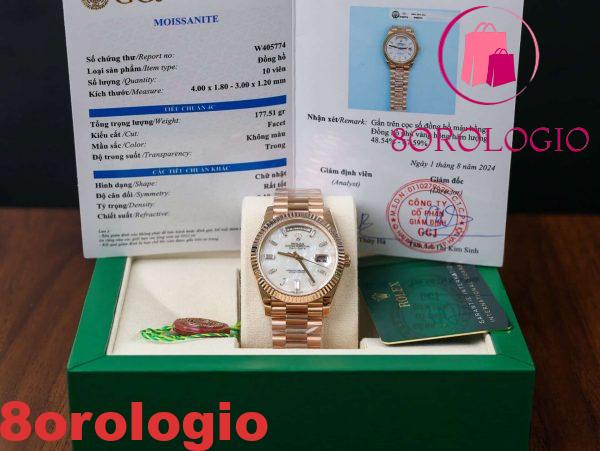 Rolex Day-Date 228235 replica in oro 18K quadrante in madreperla con numeri in moissanite a baguette GMF V3 40mm Orologio