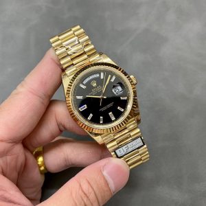 Rolex Day-Date 228238-0004 Oro Giallo Quadrante Nero Brillante con Diamanti 184g Migliore Replica 40mm Orologio